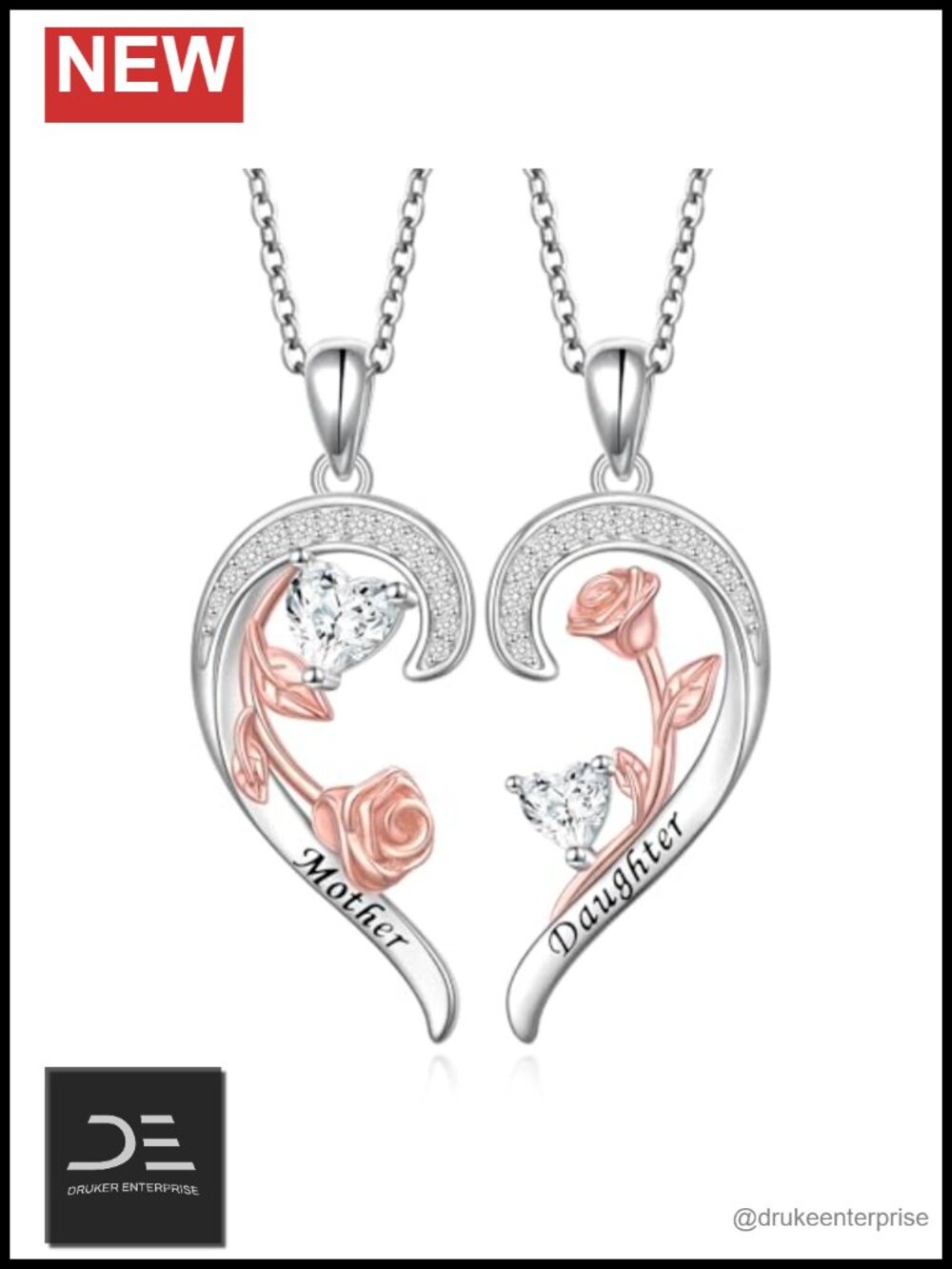 Mother Daughter 925 Sterling Silver Heart Pendant Necklace Set Gift
